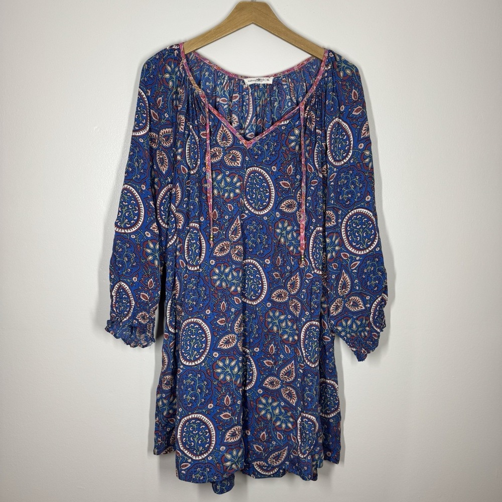 NATURAL LIFE Blue Paisley Mini Dress with Pink Accents